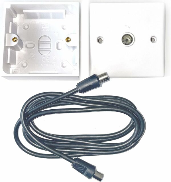 Aerial TV Socket with Back Box and Aerial Lead Male to Male COAXIAL Wall Socket Plate TV