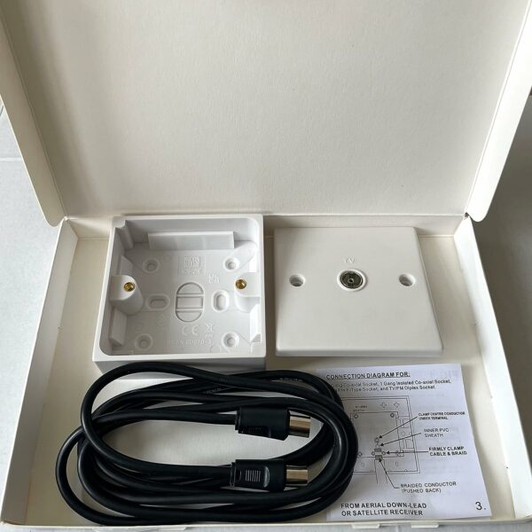 Aerial TV Socket with Back Box and Aerial Lead Male to Male COAXIAL Wall Socket Plate TV