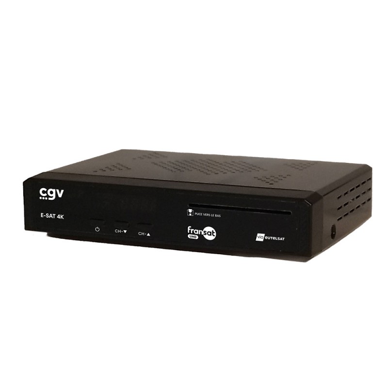 CGV E-SAT 4K Fransat UHD receiver seen from an angle, showing the slim black casing