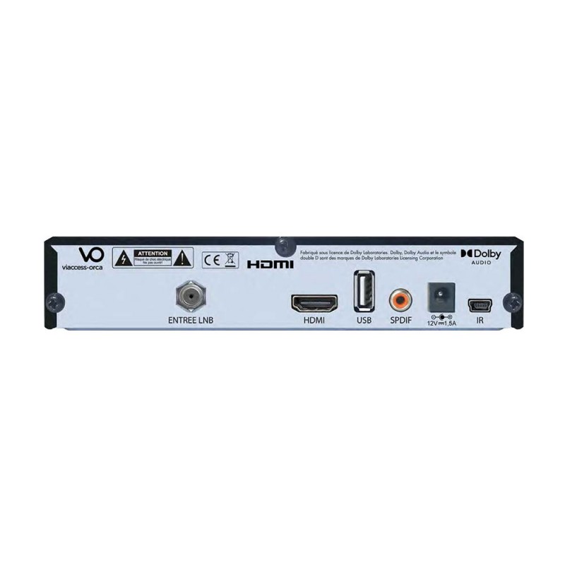 Rear panel of the CGV E-SAT 4K Fransat UHD receiver showing the LNB input, HDMI, USB, SPDIF, 12V power and IR sensor sockets