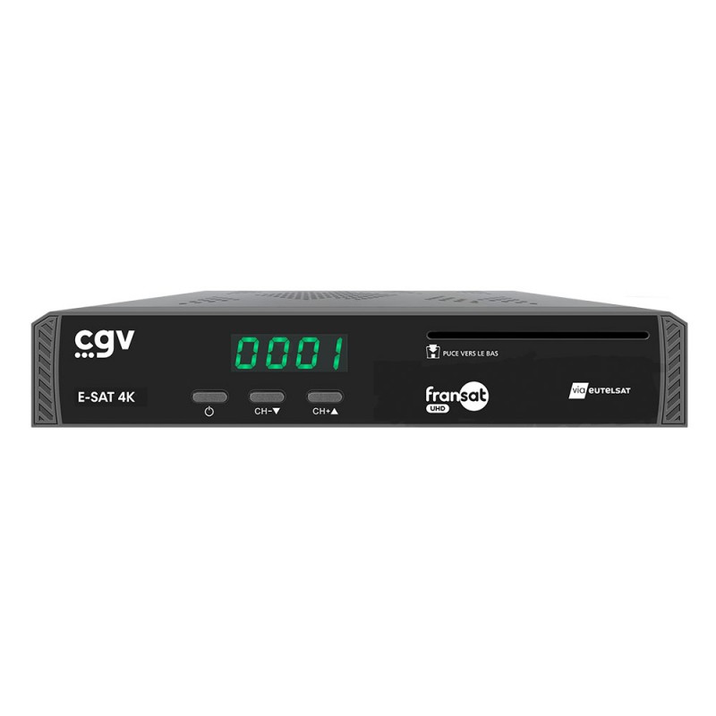 CGV E-SAT 4K Fransat UHD satellite receiver, front view with the display showing channel 0001